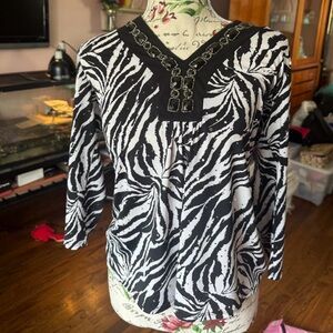 Black and White Zebra Pattern Blouse with Black Beading